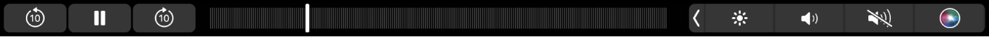 Лентата Touch Bar на TV (Телевизия) с бутони за връщане назад, за пускане/спиране, за бързо преминаване напред, Extras (Допълнения), Subtitles (Субтитри), Menu (Меню) и скрубер лента за навигация.