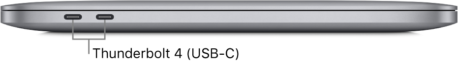 Изглед отляво на MacBook Pro с чип Apple M1 с надписи за портовете Thunderbolt 3 (USB-C).