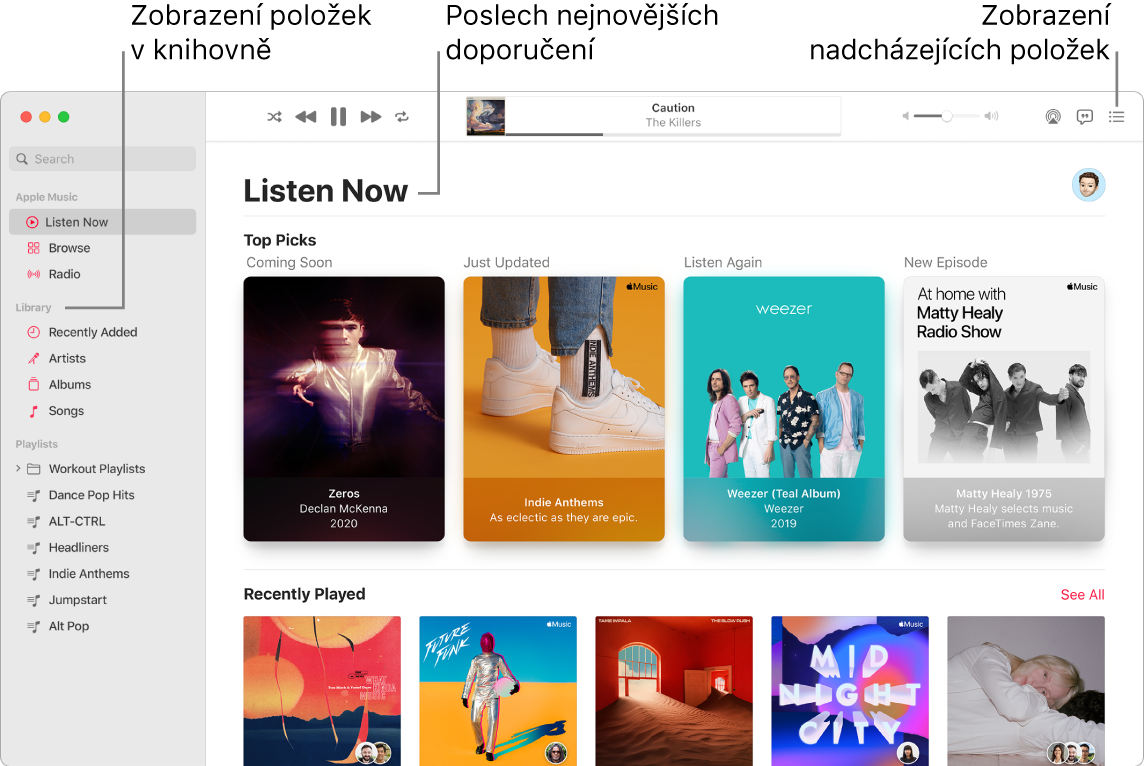 Okno aplikace Hudba s informacemi o tom, jak zobrazit knihovnu, jak poslouchat hudbu z Apple Music a jak se podívat, co bude hrát dál.