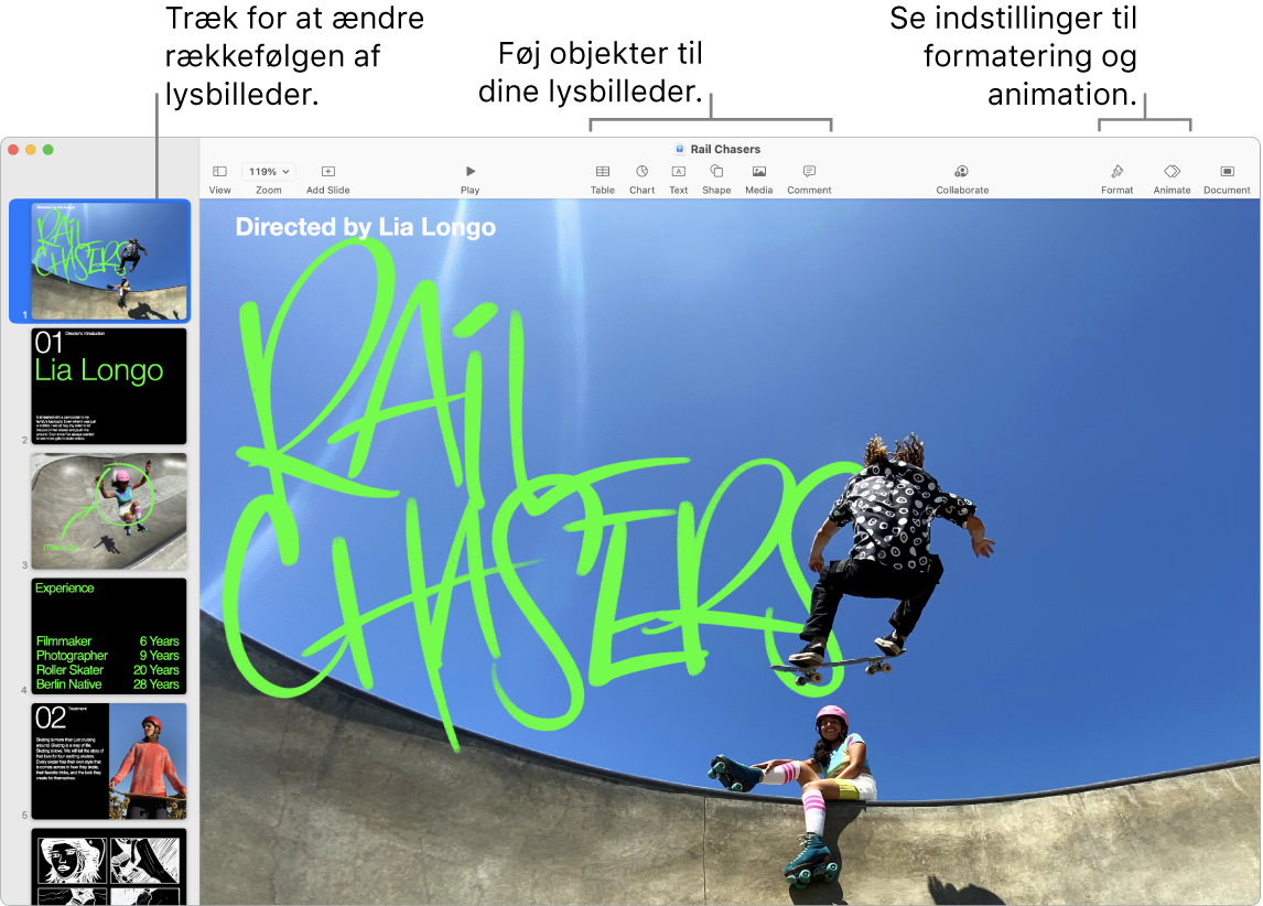 Et Keynote-vindue med lysbillednavigatoren til venstre, en anvisning på, hvordan du flytter rundt på lysbilleder, værktøjslinjen og dens redigeringsværktøjer øverst, knappen Samarbejd øverst til højre og knapperne Format, Animer og Dokument til højre.