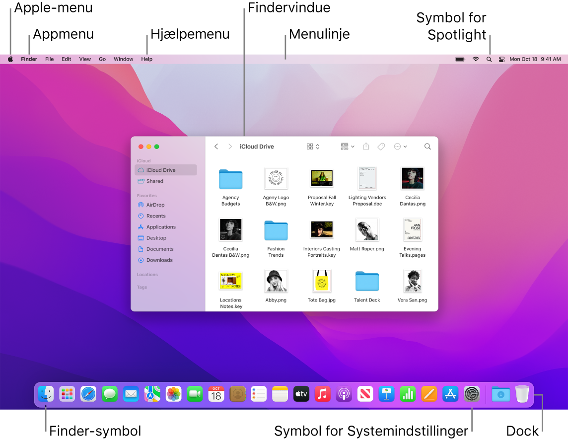 En Mac-skærm med Apple-menuen, appmenuen, Hjælpemenuen, et Findervindue, menulinjen, symbolet for Spotlight, symbolet for Finder, symbolet for Systemindstillinger og Dock.