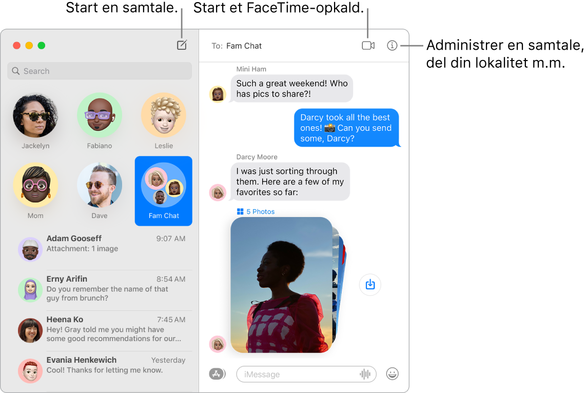 Et vindue i Beskeder, der viser, hvordan du starter en samtale og et FaceTime-opkald.