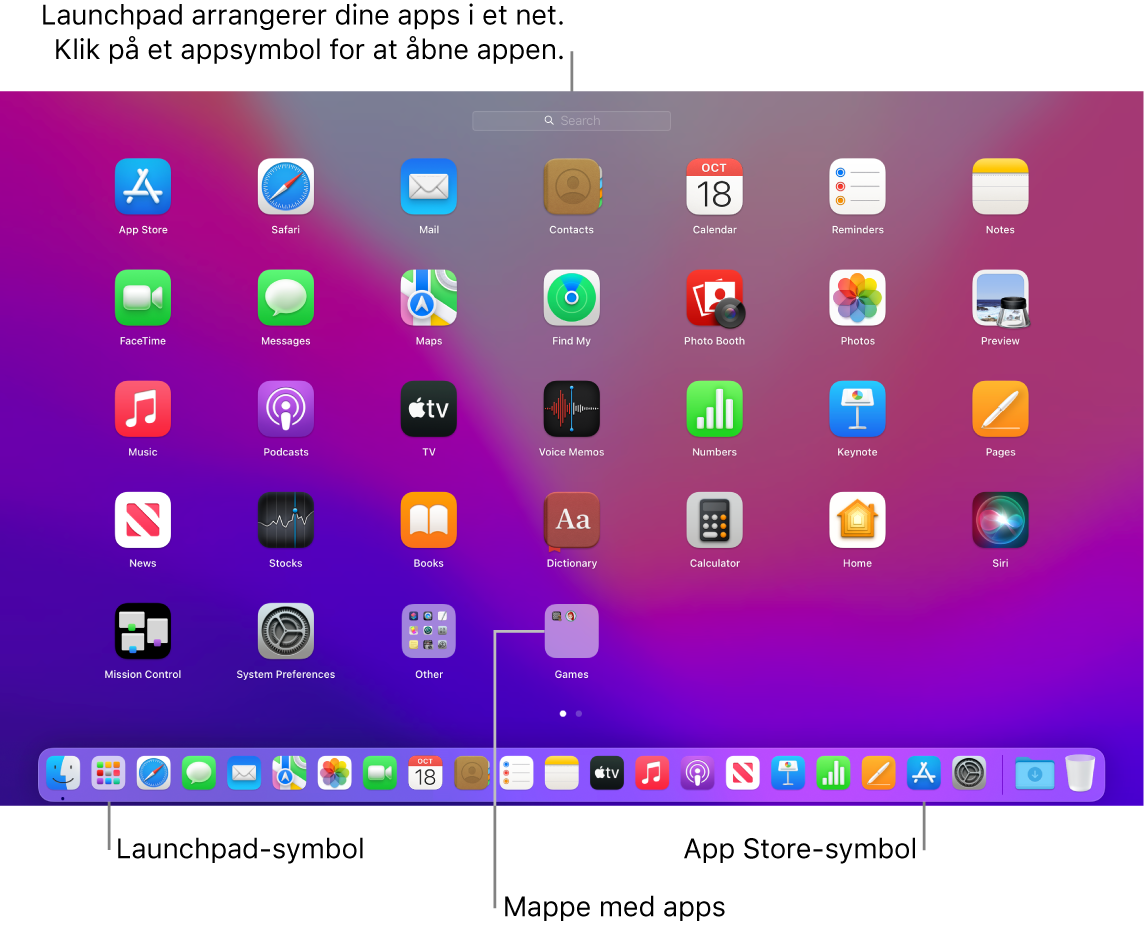 En skærm på Mac med Launchpad åben, en mappe med apps i Launchpad, symbolet for Launchpad og symbolet for App Store i Dock.