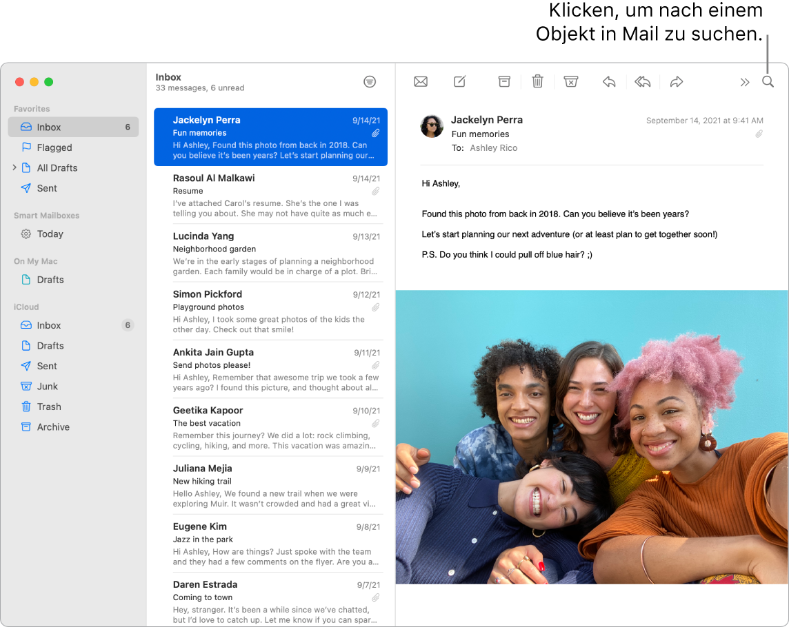 Ein Fenster der App „Mail“; auf der linken Seite werden die Ordner „Favoriten“, „Intelligente Postfächer“ und „iCloud“ angezeigt. Neben der Seitenleiste befindet sich eine Nachrichtenliste und der Inhalt der ausgewählten Nachricht ist rechts zu sehen.
