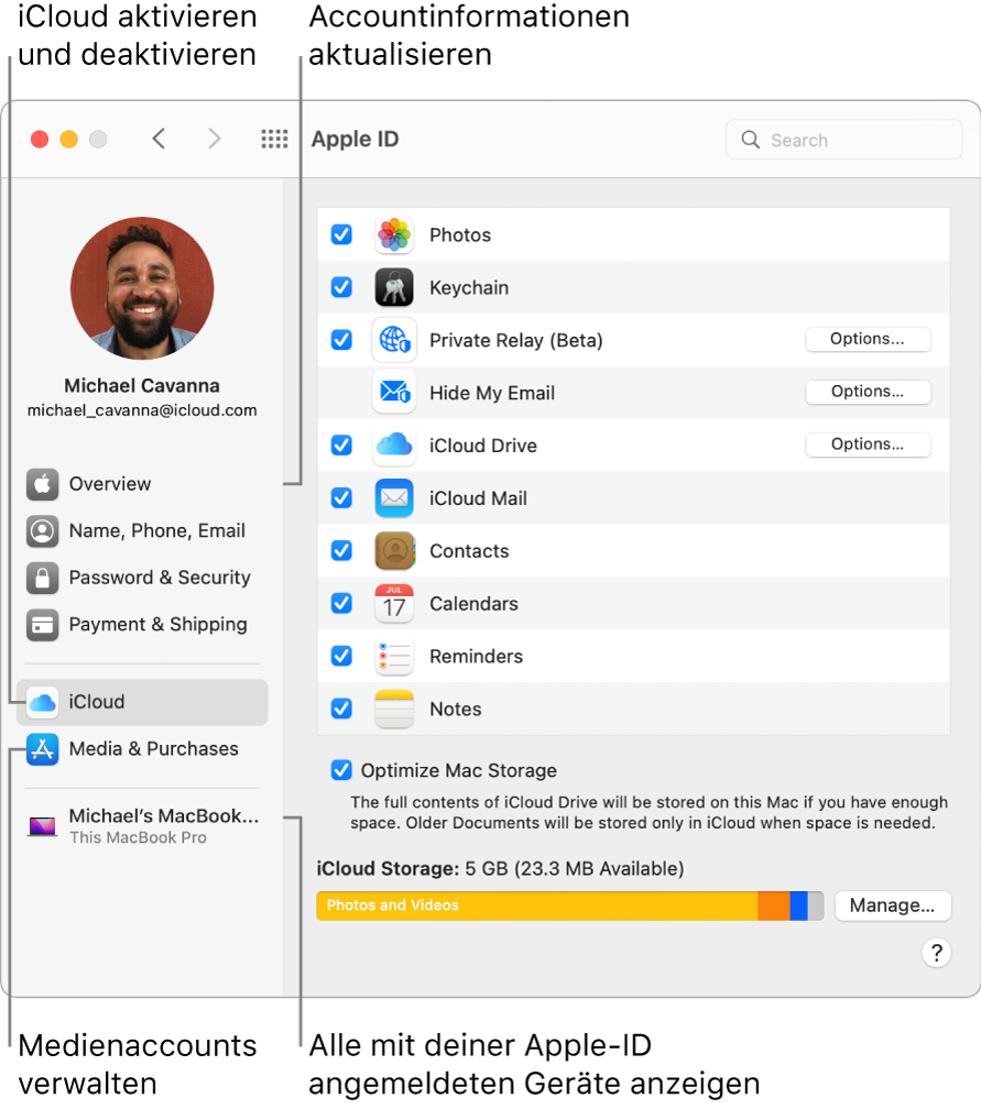 Der Bereich „Apple-ID“ der Systemeinstellungen. Klicke auf ein Objekt in der Seitenleiste, um deine Accountinformationen zu aktualisieren, iCloud zu aktivieren oder zu deaktivieren, Medienaccounts zu verwalten oder alle mit deiner Apple-ID angemeldeten Geräte anzuzeigen.