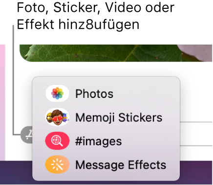 Das Menü „Apps“ mit Optionen um Anzeigen von Fotos, Memoji-Stickern, GIFs und Nachrichteneffekten.