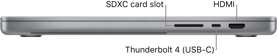 The right side view of a 16-inch MacBook Pro with a callout to the 3.5 mm headphone jack and charging port.