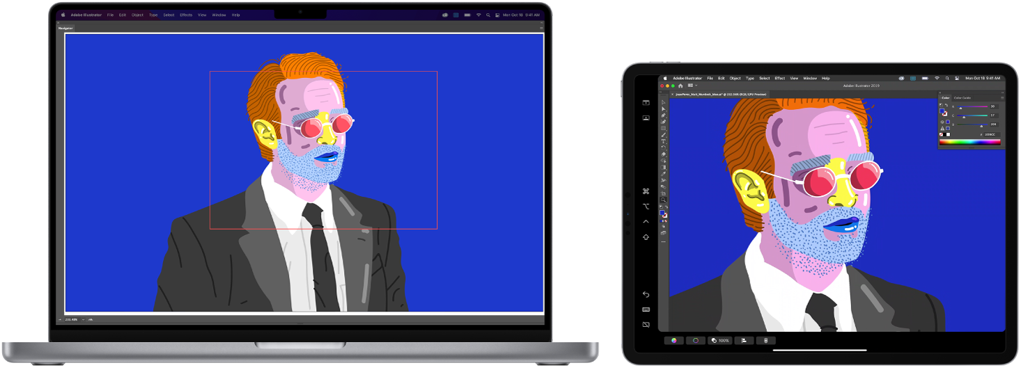 A MacBook Pro and an iPad sit side by side. The MacBook Pro shows art within the navigator window of Illustrator. The iPad shows the same art in the document window of Illustrator, surrounded by toolbars.