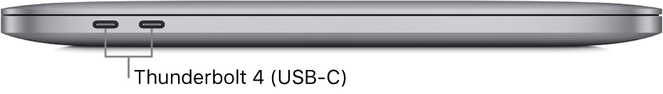 The left side view of a MacBook Pro with Apple M1 chip, with a callout to the Thunderbolt 3 (USB-C) ports.