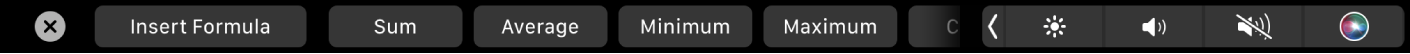 The Numbers Touch Bar displaying the Formula buttons. These include sum, average, minimum, maximum, and count.