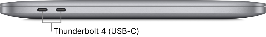 Vista lateral izquierda de una MacBook Pro con el chip M1 de Apple, con textos que indican los puertos Thunderbolt 3 (USB-C).