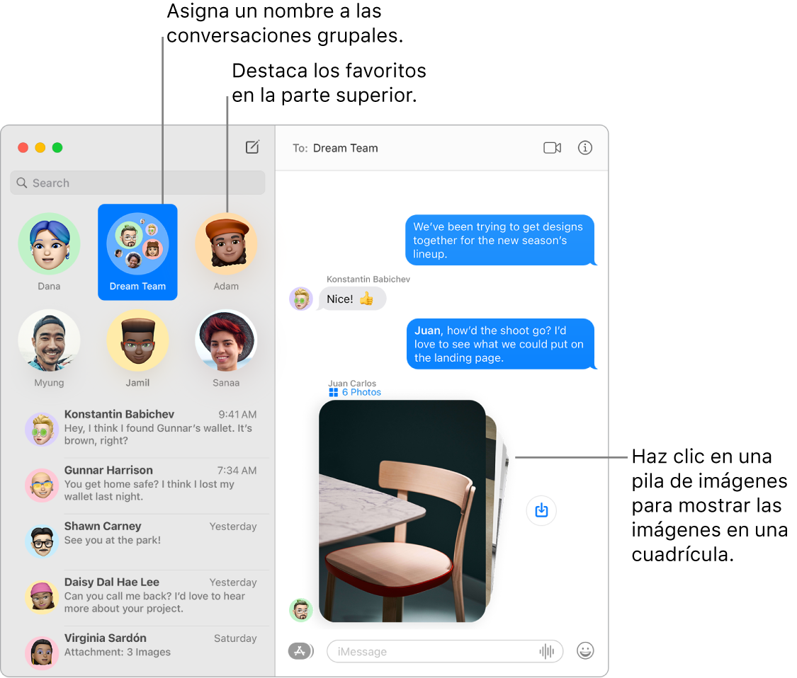 Una ventana de Mensajes con un chat grupal y chats individuales anclados en la parte superior de la columna izquierda. En el chat en la parte derecha hay una pila de seis fotos y el botón “Guardar foto” junto a ella.