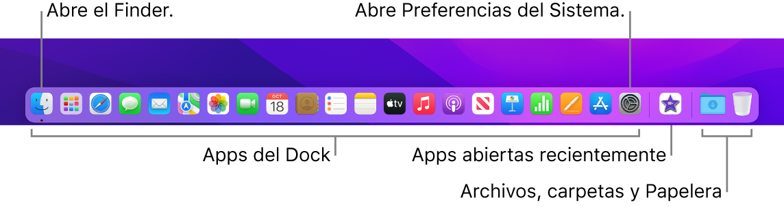 El Dock con el Finder, Preferencias del Sistema y la línea divisoria del Dock que separa las apps de los archivos y carpetas.