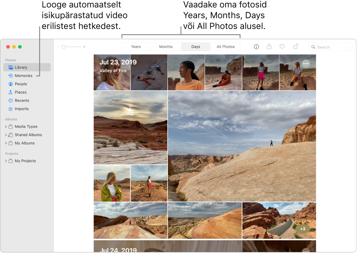 Rakenduse Photos aknas kuvatakse vasakul küljeribal funktsiooni Memories ning rakenduse Photos akna üleosas on hüpikmenüü, kust saate vaadata albumis olevaid fotosid päeva, nädala, kuu ja aasta alusel.
