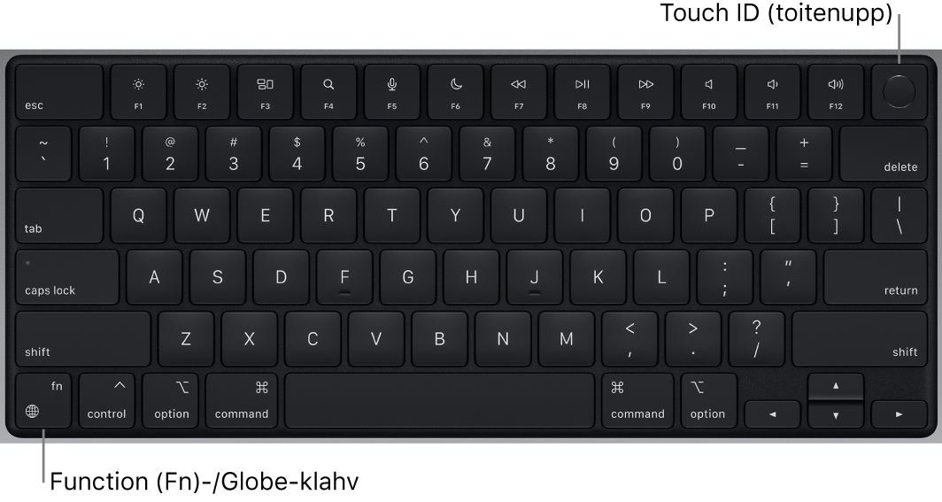 MacBook Pro klaviatuur, mille ülaosas on funktsiooniklahvide rida, üleval Touch ID toitenupp ning alumises vasakus nurgas klahv Function (Fn).