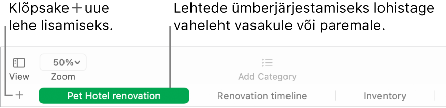 Rakenduse Numbers aknas selgitatakse, kuidas lisada uut lehte ja kuidas järjestada lehti ümber.