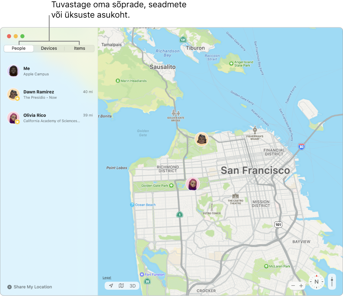 Vasakul on valitud vahekaart People ja paremal on San Francisco kaart kolme sõbra asukohaga.