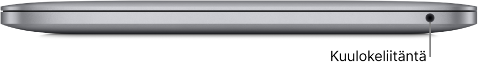 Applen M1-sirulla varustetun MacBook Pron oikea puoli, jossa on selite 3,5 mm kuulokeliitäntään.