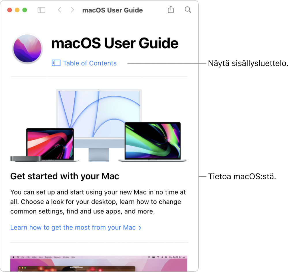 macOS:n käyttöoppaan tervetuloa-sivu, jossa näkyy Sisällysluettelo-linkki.