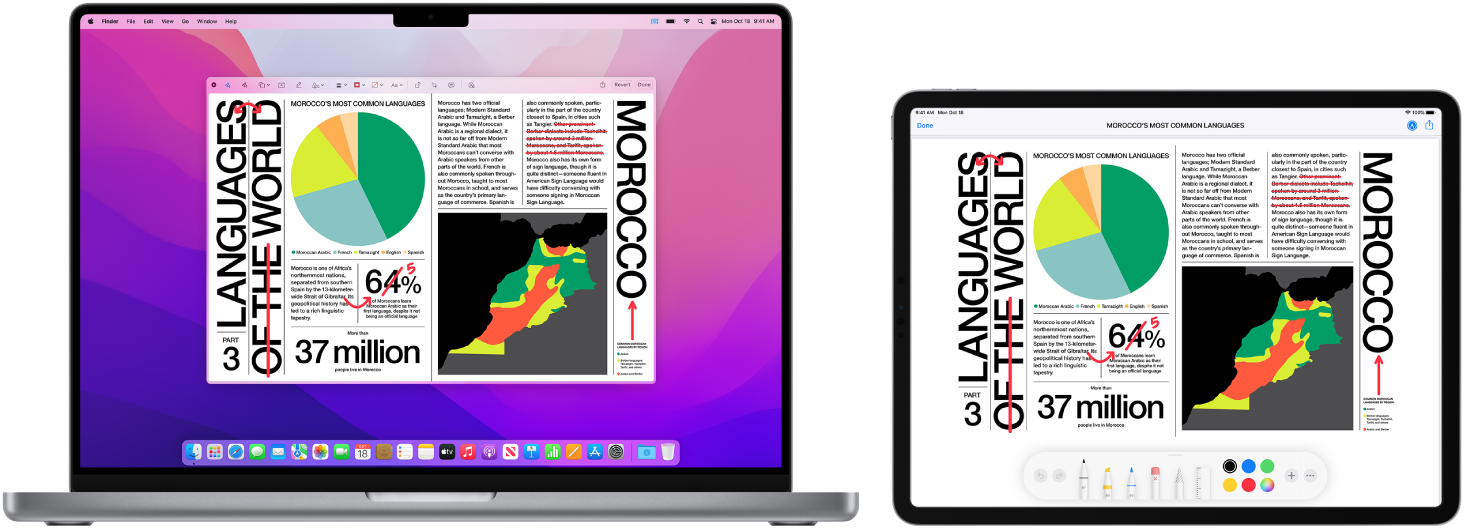 MacBook Pro ja iPad ovat vierekkäin. Molemmilla näytöillä on artikkeli, johon on tehty punakynällä paljon muutoksia, kuten viivattu yli lauseita, piirretty nuolia ja lisätty sanoja. iPadin näytön alaosassa näkyy myös merkintäsäätimiä.