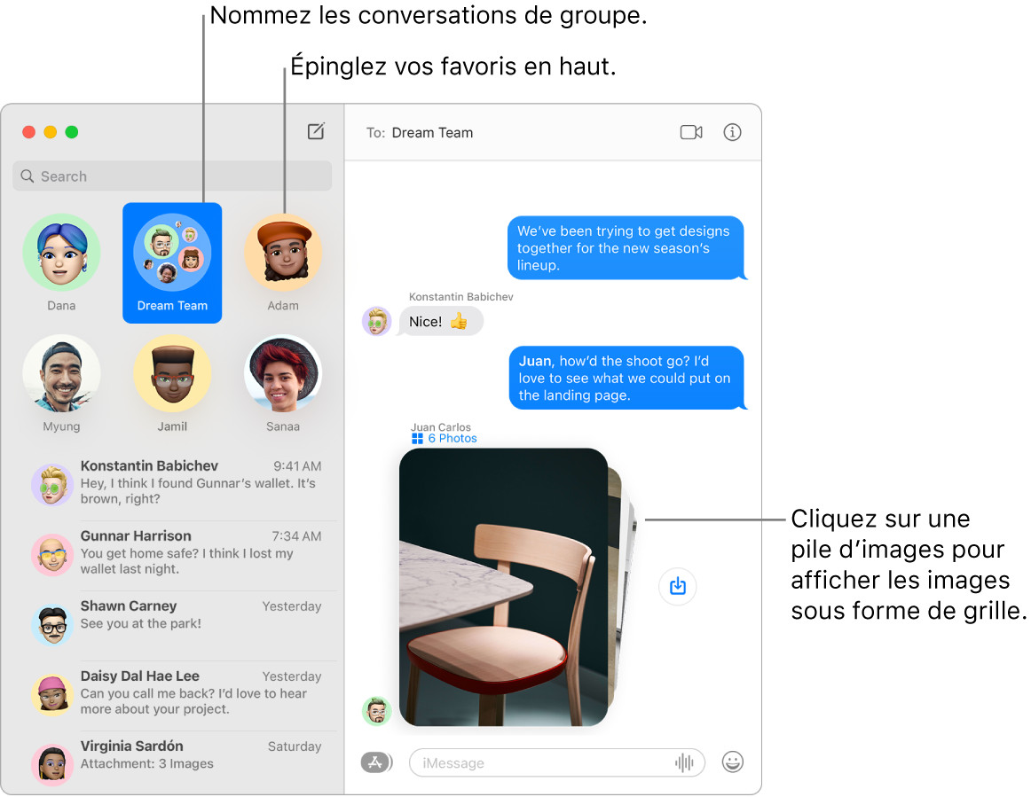 Une fenêtre Messages avec une conversation de groupe et des conversations individuelles épinglées en haut de la colonne de gauche. Dans la conversation située à droite se trouve une pile de six photos avec un bouton « Enregistrer la photo » en regard.