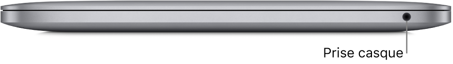 Le côté droit d’un MacBook Pro doté de la puce Apple M1, avec une légende pour la prise casque 3,5 mm.