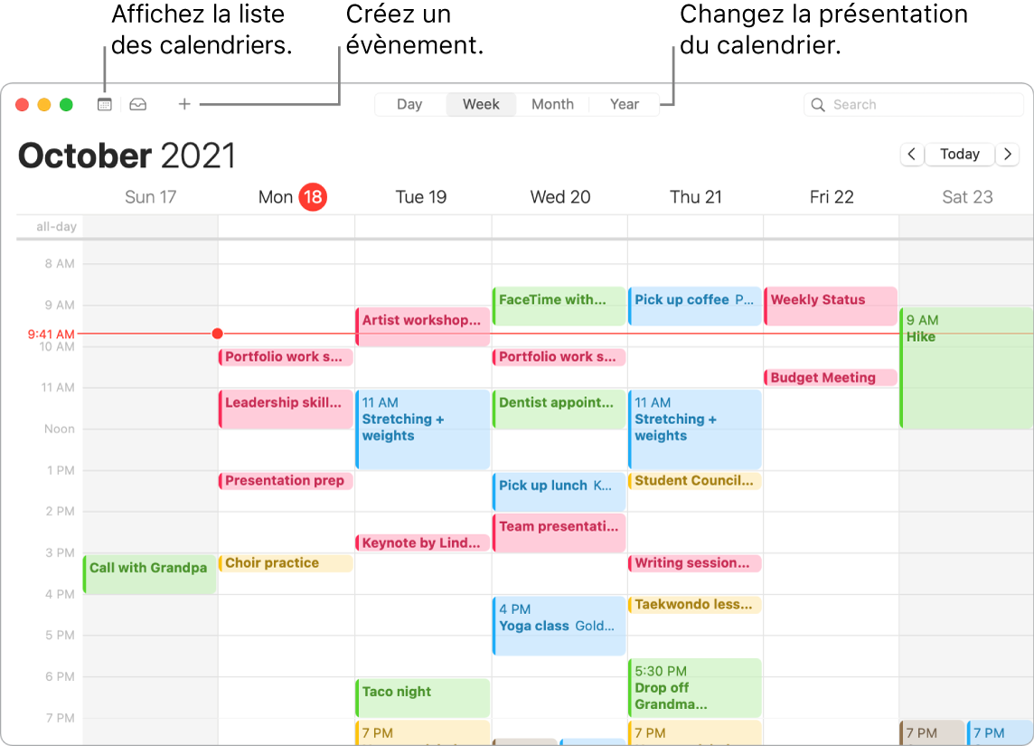Une fenêtre de Calendrier indiquant comment créer un évènement, obtenir la liste des évènements et choisir une présentation par jour, par semaine, par mois ou par année.