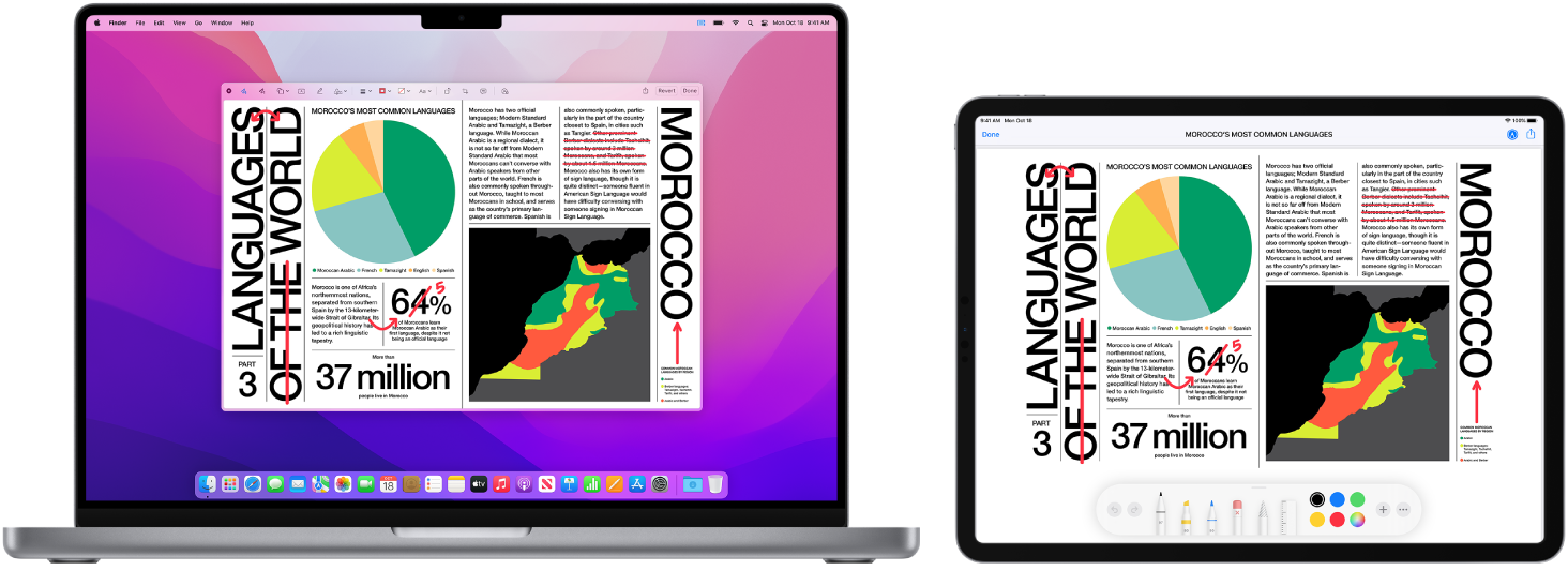 Un MacBook Pro et un iPad côte à côte. Les deux écrans affichent un article couvert de modifications manuscrites en rouge, telles que des phrases barrées, des flèches et des mots ajoutés. L’iPad montre également des commandes d’annotation au bas de l’écran.