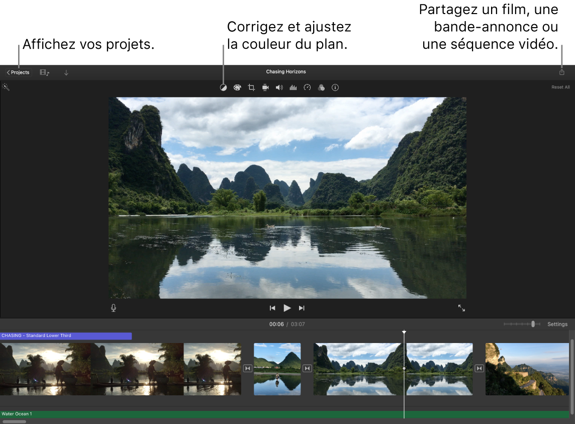 Une fenêtre d’iMovie présentant les boutons pour afficher des projets, corriger et ajuster les couleurs, et partager votre film, votre bande-annonce ou votre vidéo.