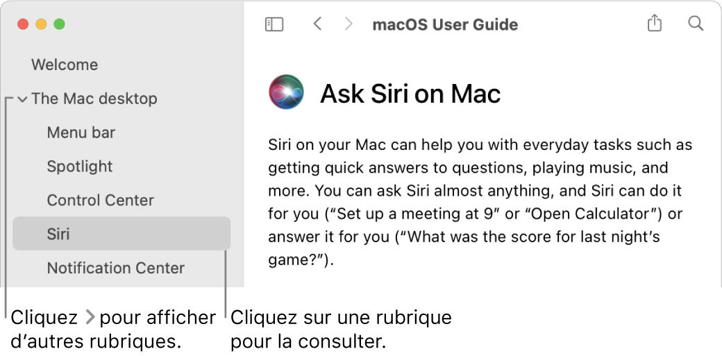 Visualisation Aide indiquant comment afficher les rubriques situées dans la barre latérale et comment afficher le contenu d’une rubrique.