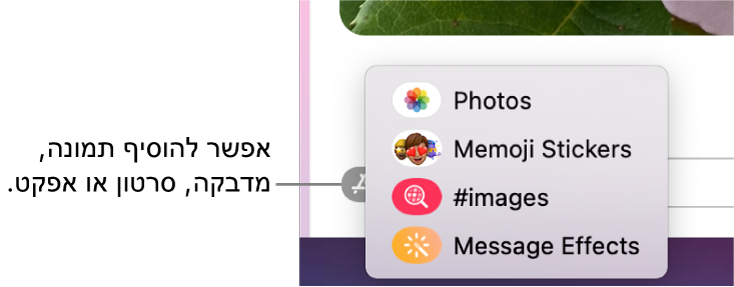 תפריט “יישומים” עם אפשרויות להצגת תמונות, מדבקות Memoji, תמונות GIF ואפקטי הודעות.