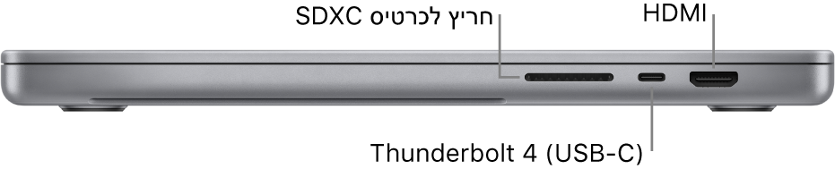 מבט מימין של MacBook Pro בגודל 16 אינץ’ עם הסבר למחבר האוזניות של 3.5 מ״מ ולשקע הטעינה.