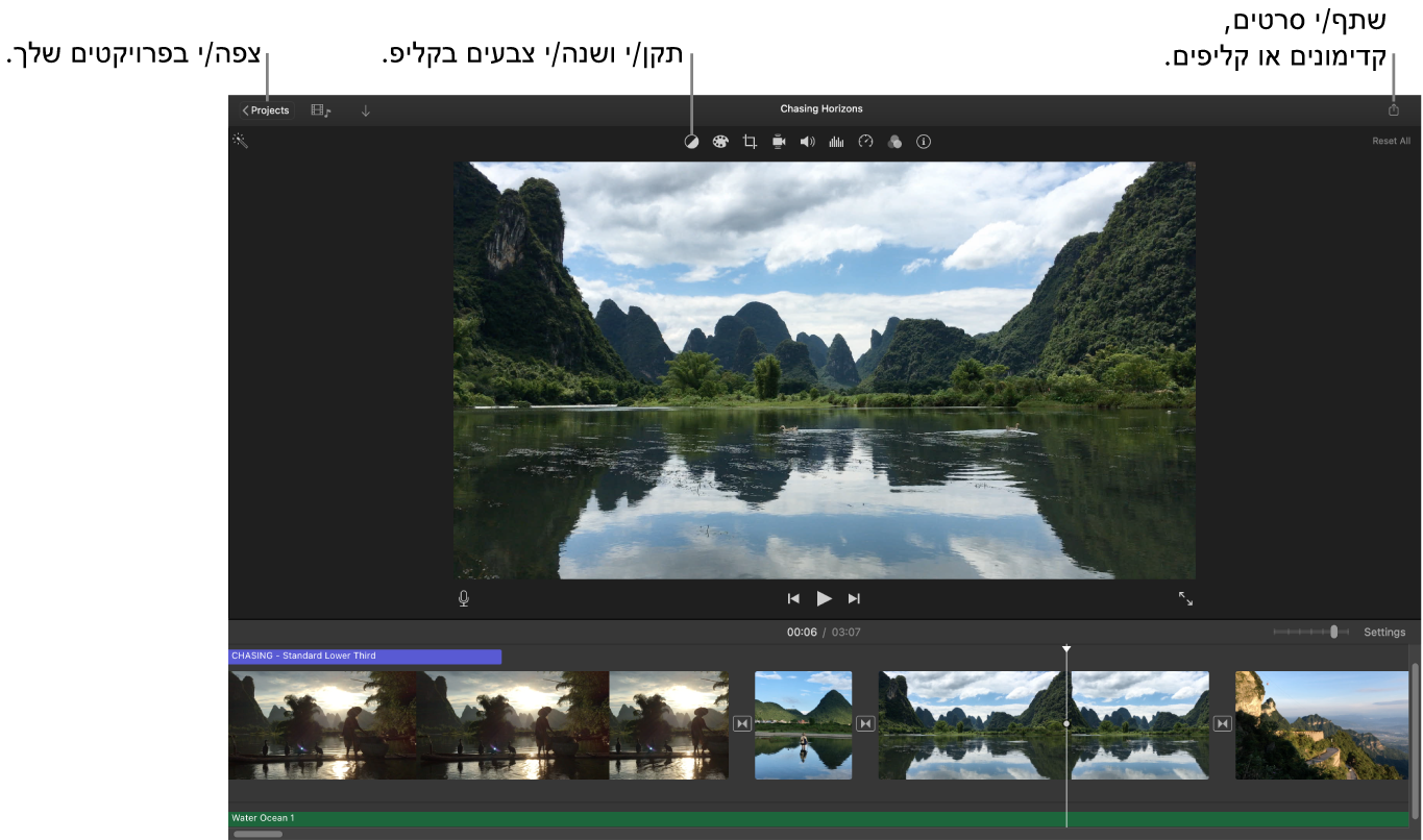 חלון של iMovie המציג את הכפתורים לצפייה בפרויקטים, לתיקון וכוונון של הצבעים ולשיתוף הסרט, הקדימון או הקליפ.