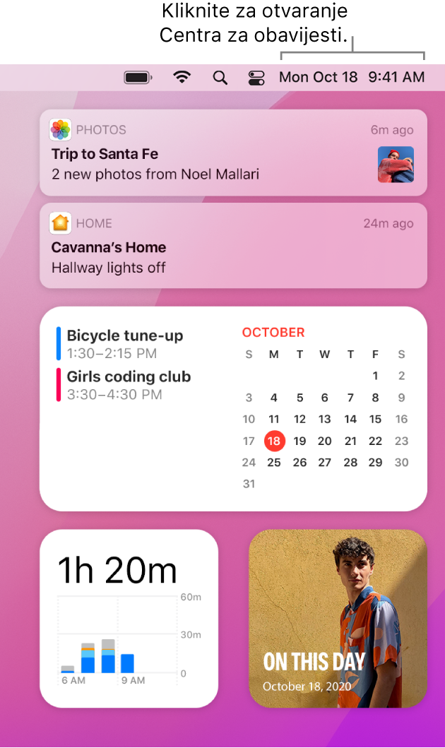 Centar za obavijesti s obavijestima i widgetima za Foto, Dom, Kalendar i Vrijeme uporabe zaslona.