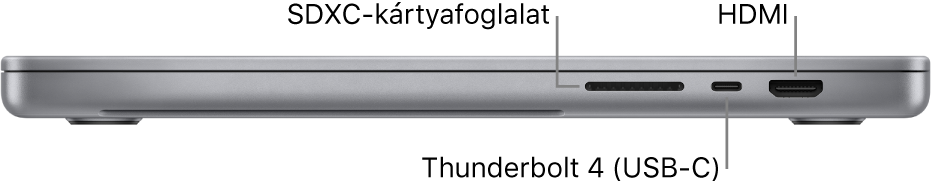 A 16 hüvelykes MacBook Pro jobb oldalának képe a 3,5 mm-es fejhallgató-csatlakozó és töltőport képfelirataival.