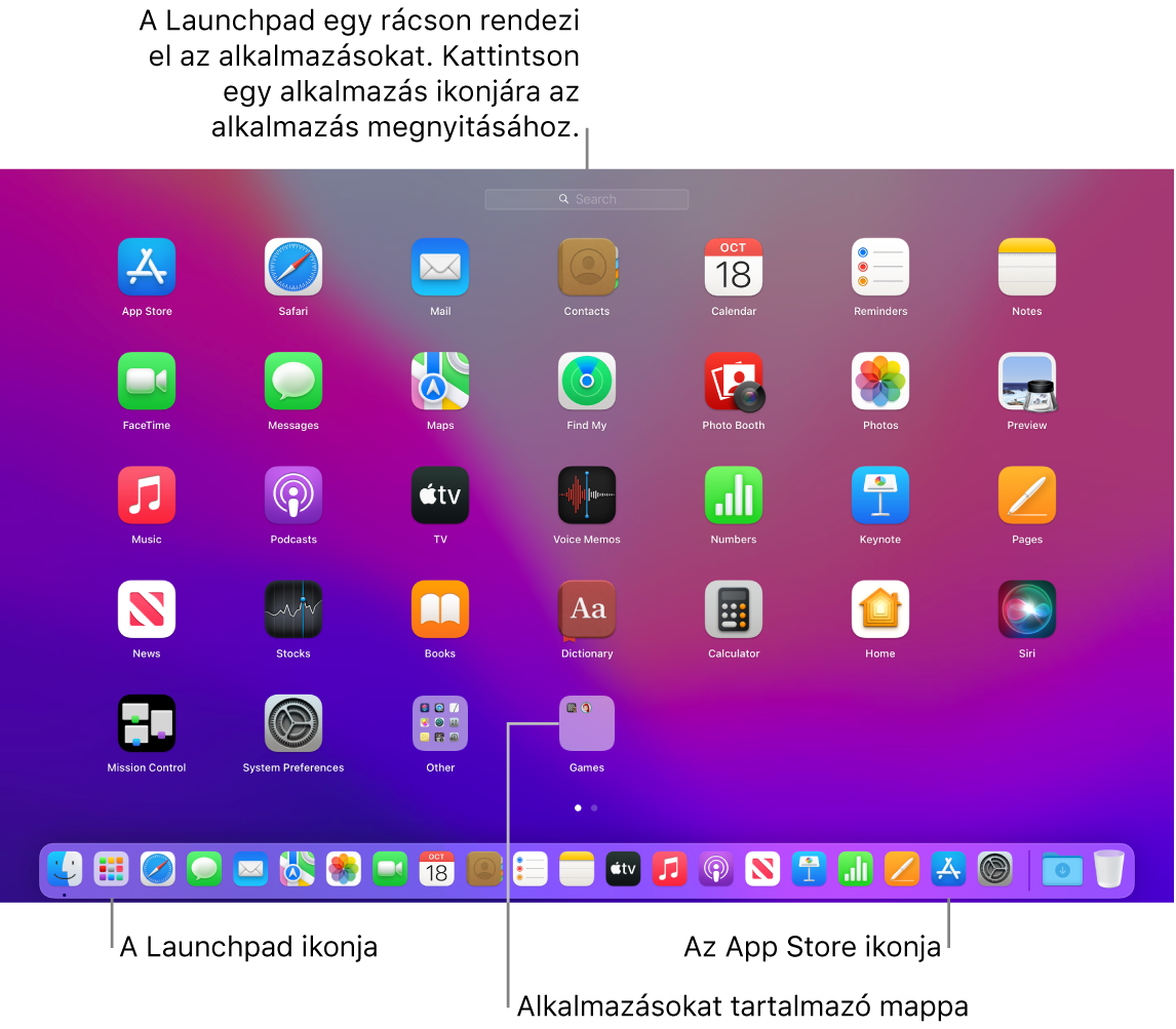 Egy Mac gép képernyője a megnyitott Launchpad alkalmazással, amelyben az appok mappája látható, valamint a Launchpad és az App Store ikonjaival a Dock területén.