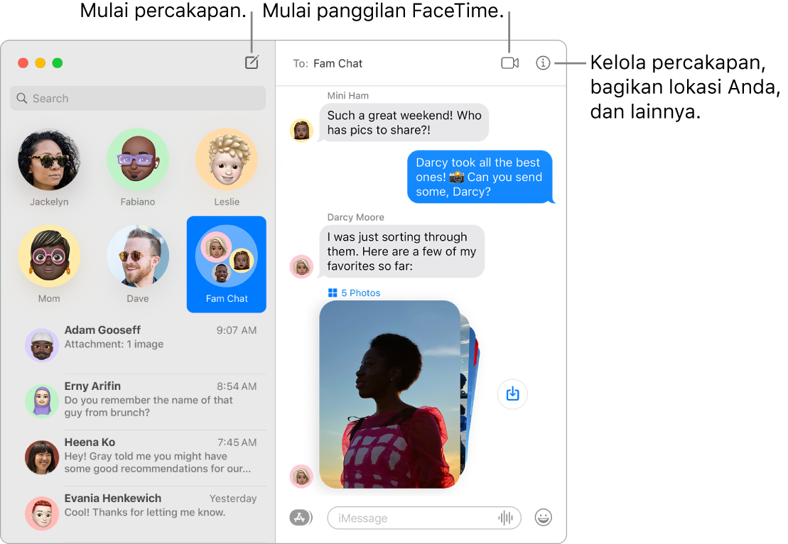 Jendela Pesan menampilkan cara untuk memulai percakapan dan panggilan FaceTime.