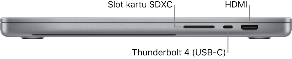 Tampilan sisi kanan MacBook Pro 16 inci dengan keterangan untuk port jack headphone 3,5 mm dan pengisian daya.