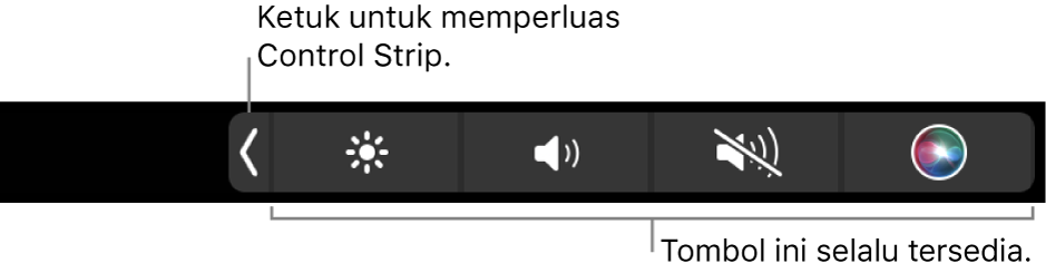 Sebagian layar Touch Bar default, menampilkan Control Strip yang diciutkan. Ketuk tombol perluas untuk menampilkan Control Strip penuh.