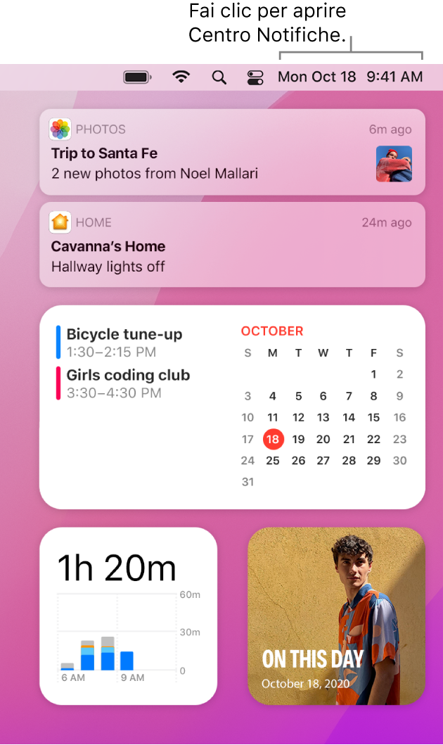 Centro Notifiche con notifiche e widget per Foto, Casa, Calendario e “Tempo di utilizzo”.