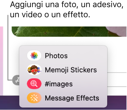 Il menu App con opzioni per mostrare foto, adesivi Memoji, GIF ed effetti messaggi.