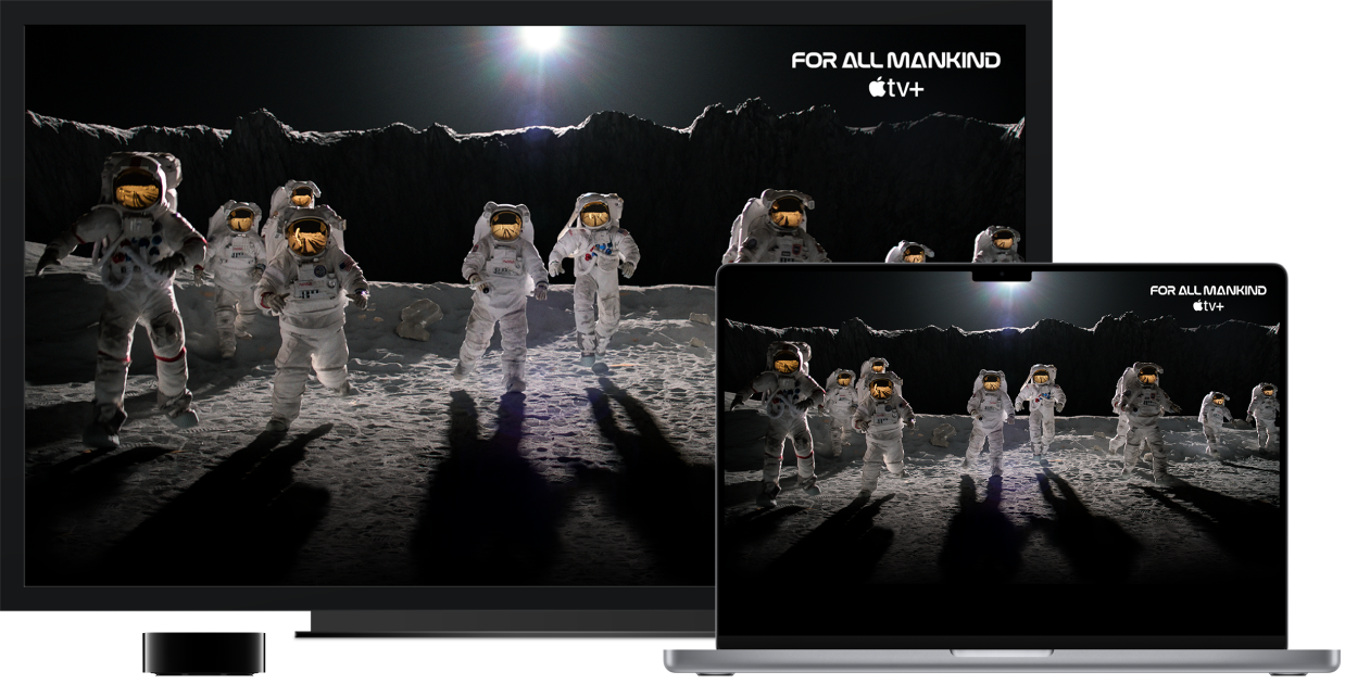 MacBook Pro con i contenuti duplicati su una grande TV HD tramite Apple TV.