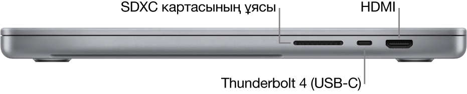 3,5 мм құлақаспап ұясына және зарядтау портына тілше деректері бар 16 дюймдік MacBook Pro компьютерінің оң жақ көрінісі.