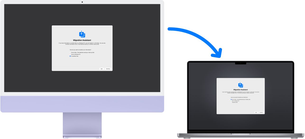 마이그레이션 지원 화면을 표시하는 iMac 및 MacBook Pro. iMac에서 MacBook Pro를 향하는 화살표는 한 기기에서 다른 기기로 데이터 전송을 의미합니다.