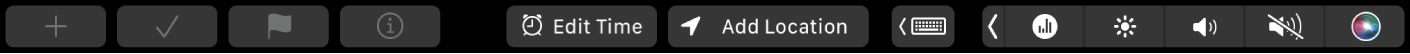 새로운 미리 알림, 체크 표시, 깃발 표시, 정보, 시간 추가 및 위치 추가 버튼이 있는 미리 알림 Touch Bar.