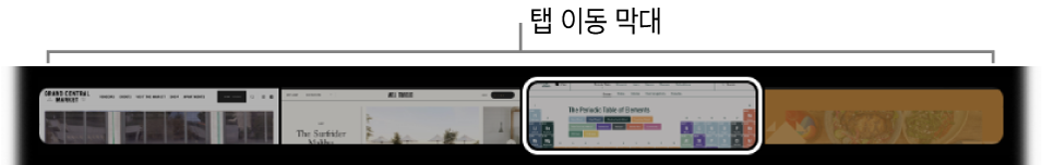 Safari용 Touch Bar의 탭 이동 막대. 열려 있는 각 탭의 미리보기를 작게 표시합니다.