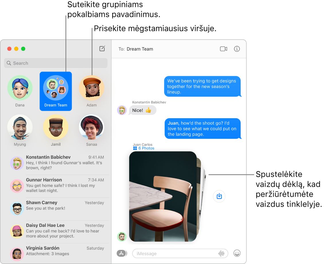 „Messages“ langas ir grupės pokalbis bei asmeniniai pokalbiai, prisegti kairiojo stulpelio viršuje. Pokalbyje dešinėje yra šešių nuotraukų krūva, o šalia jos – mygtukas „Save Photo“.