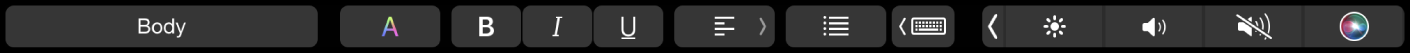 Rodomi programai „Pages“ pritaikytos „Touch Bar“ mygtukai, skirti keisti pastraipos stilius, teksto spalvą, teksto formatavimą ir teksto lygiavimą. Taip pat pateikiamas teksto įvedimo pasiūlymų mygtukas.