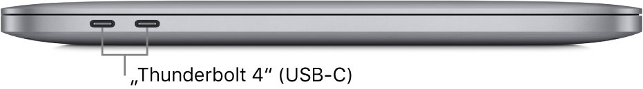 Kairioji „MacBook Pro“ su „Apple M1“ lustu pusė, matomos „Thunderbolt 3“ (USB-C) prievadų nuorodos.