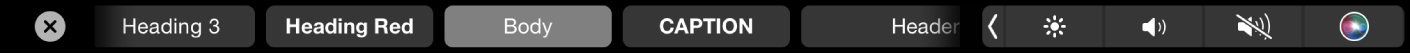 Rodomi programai „Pages“ pritaikytos „Touch Bar“ pastraipos formato stiliai, įskaitant pavadinimą, antraštę ir titrus.